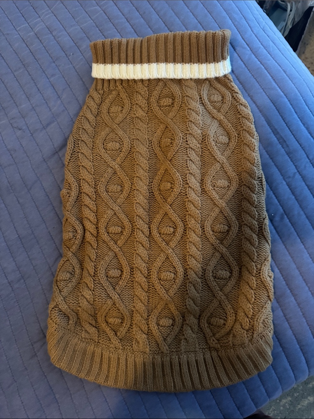 Draper James Camel Cable-Knit Dog Sweater with White Collar Stripe
